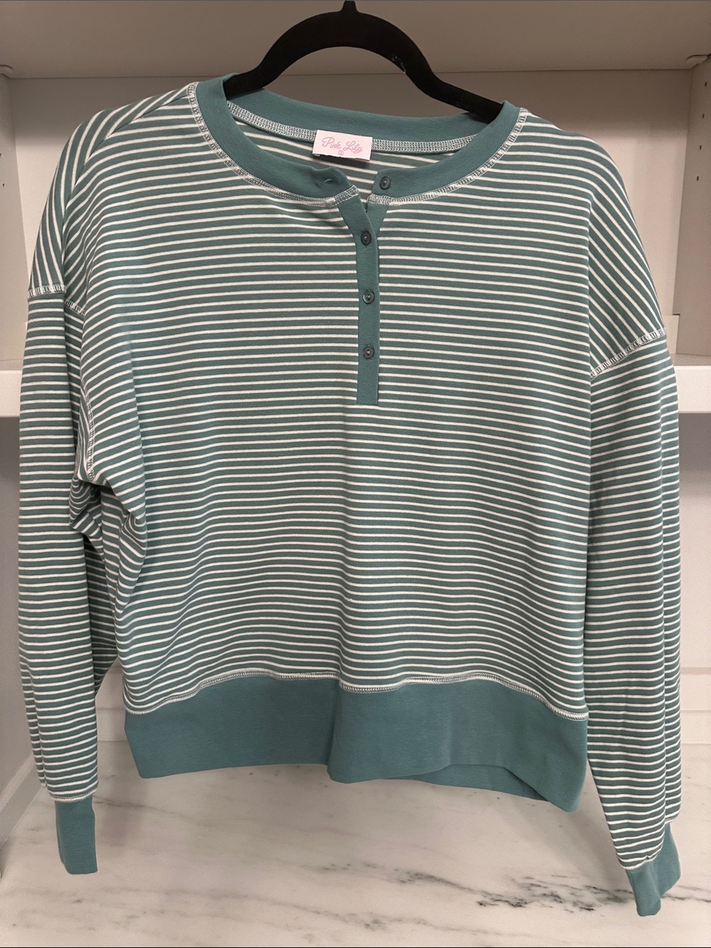 Pink Lily small Striped Henley Pullover in Seafoam and White.  Like new